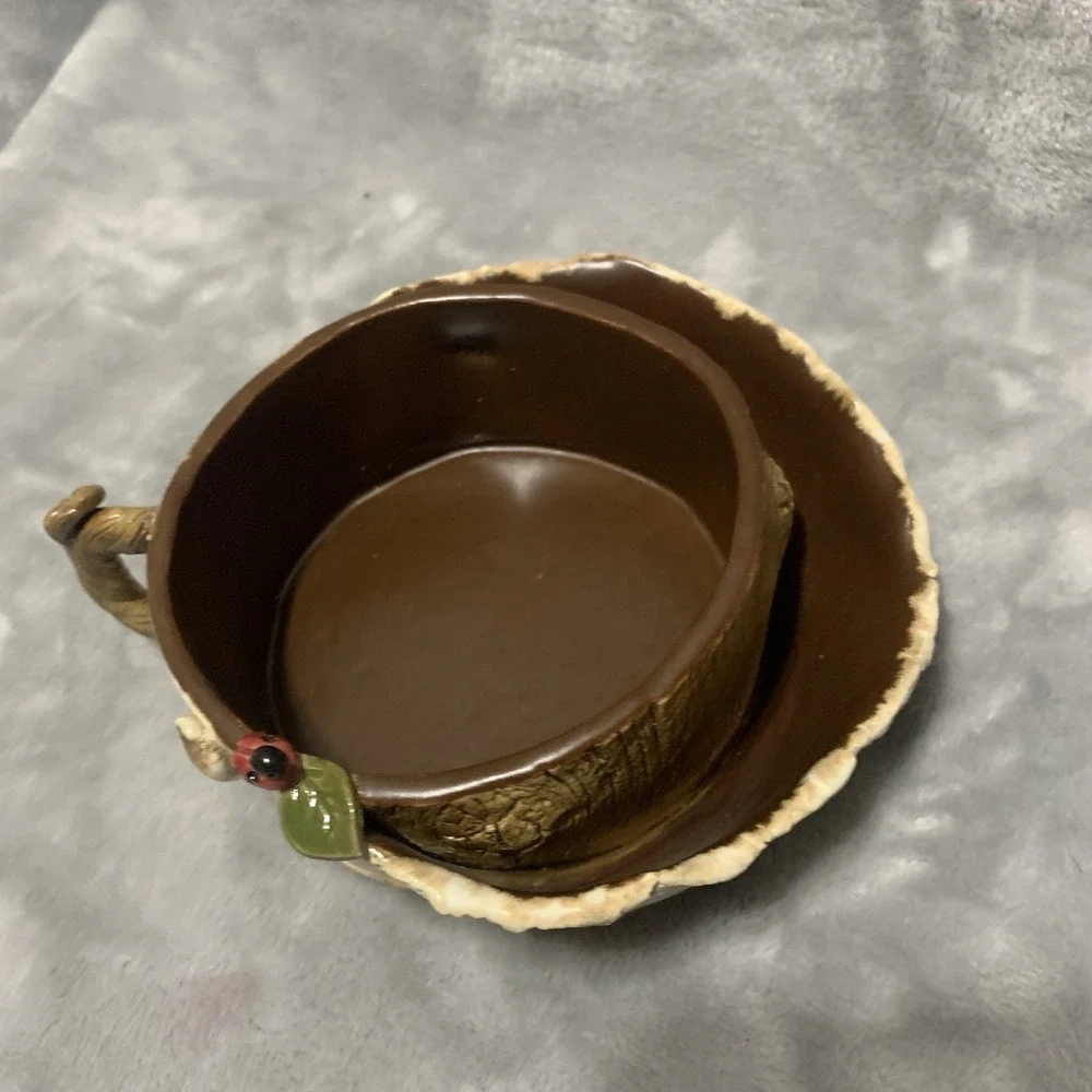 Unique Birch Bark Tree Stump Ceramic Vase Planter‎ Mug Ladybug Handle Decorative